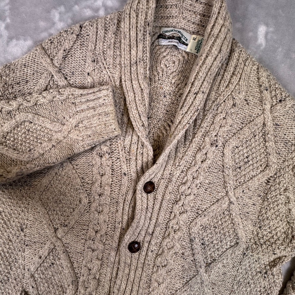 Arancrafts Ireland Merino Wool Cable Knit Shawl Cardigan Mens XL Oatmeal Beige